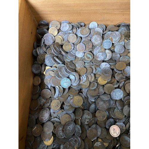 267 - 3 mixed boxes of coins  & tokens inc. foreign, 1980's Elizabeth II five pence pieces, George VI penn... 