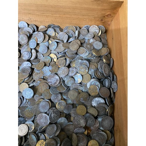 267 - 3 mixed boxes of coins  & tokens inc. foreign, 1980's Elizabeth II five pence pieces, George VI penn... 