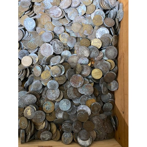 267 - 3 mixed boxes of coins  & tokens inc. foreign, 1980's Elizabeth II five pence pieces, George VI penn... 