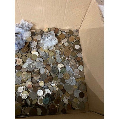 267 - 3 mixed boxes of coins  & tokens inc. foreign, 1980's Elizabeth II five pence pieces, George VI penn... 