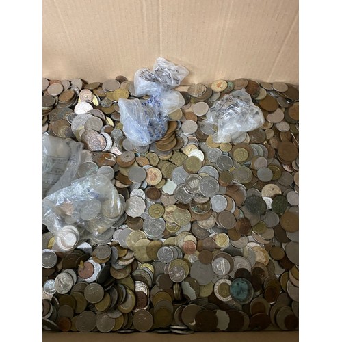 267 - 3 mixed boxes of coins  & tokens inc. foreign, 1980's Elizabeth II five pence pieces, George VI penn... 