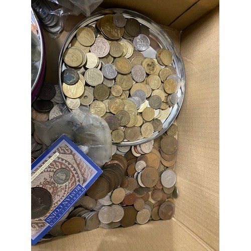 267 - 3 mixed boxes of coins  & tokens inc. foreign, 1980's Elizabeth II five pence pieces, George VI penn... 