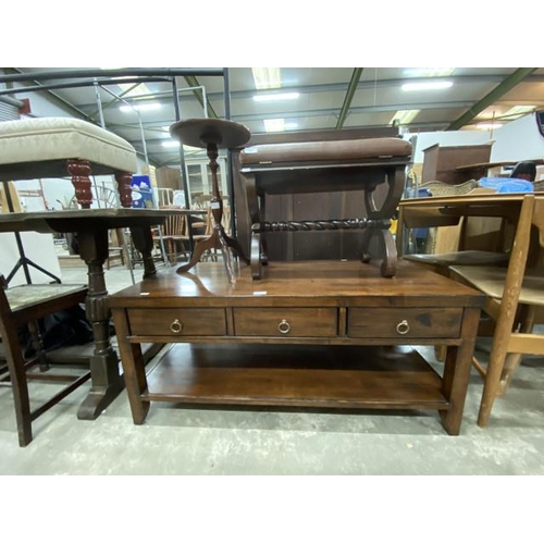 100 - Good quality 3 drawer coffee table 48H 109W 54D, mahogany wine table and a piano stool with storage ... 