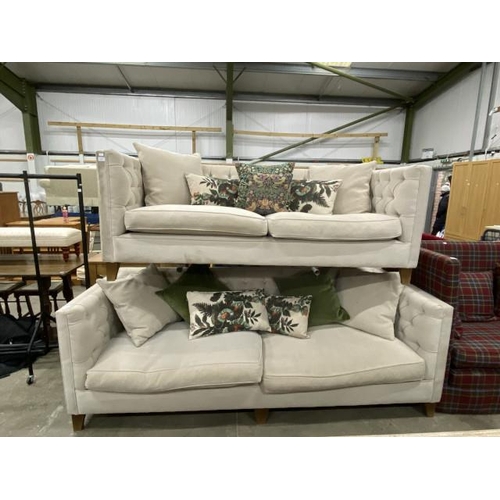 117 - 2 oatmeal linen effect button back settees with scatter cushions 200W & 230W (marks to fabric)