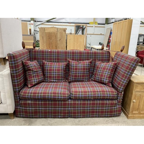 118 - Tartan upholstered 'Knoll' style settee 185W with scatter cushions