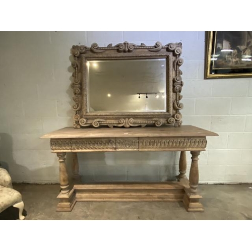 123 - Acacia ‘Oka’ carved console table with 2 drawers 85H 170W 54D and a matching wall mirror 132 x 135cm