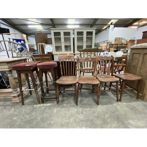 124 - 2 pub stools 76H and 4 assorted Victorian pine kitchen chairs