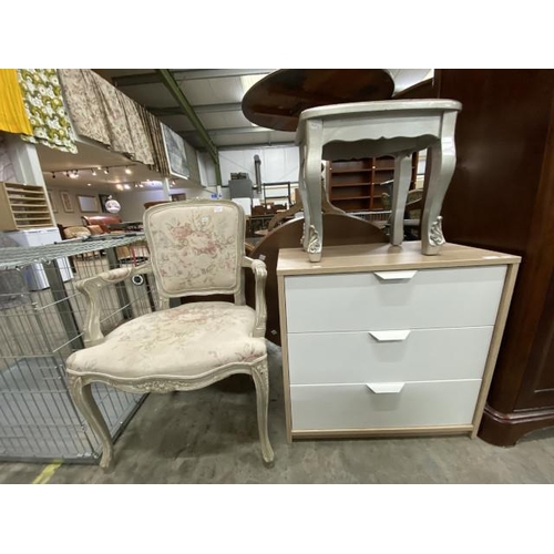 158 - Shabby Chic bedroom chair 63W, contemporary 3 drawer chest 69H 70W 41D and a silver painted stool 42... 