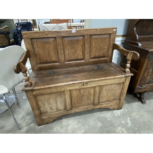 161 - Edwardian oak settle with storage 98H 107W 45D