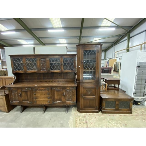 162 - Webber Furniture oak corner cupboard 181H 69W 69D, media stand 44H 81W 50D and sideboard 161H 187W 4... 