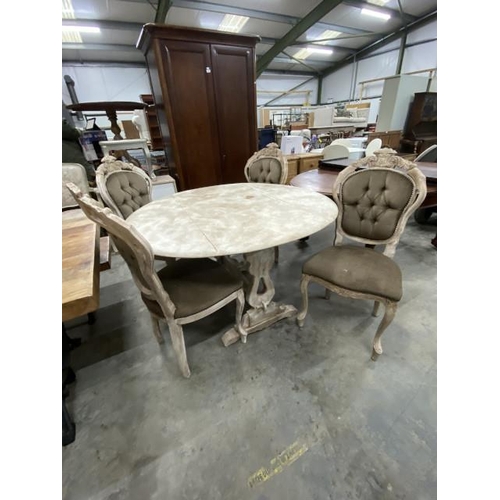 167 - Shabby Chic painted dining table 75H 115cm diameter and 4 chairs (as found)