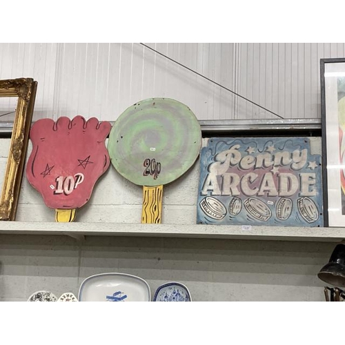 307 - 3 painted fairground signs (Lolly 68x47cm, Penny Arcade 57x45cm & Palm 43x56cm)