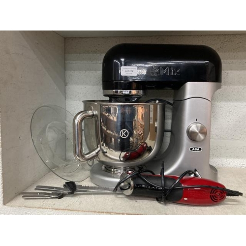 312 - Kenwood Kmix AGA KMX50 Series mixer with stainless steel bowl, balloon whisk, K beater & Russell Hob... 