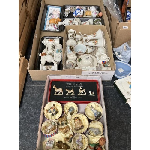 315 - 2 boxes of crested ware, Wade whimsies, atomisers etc.