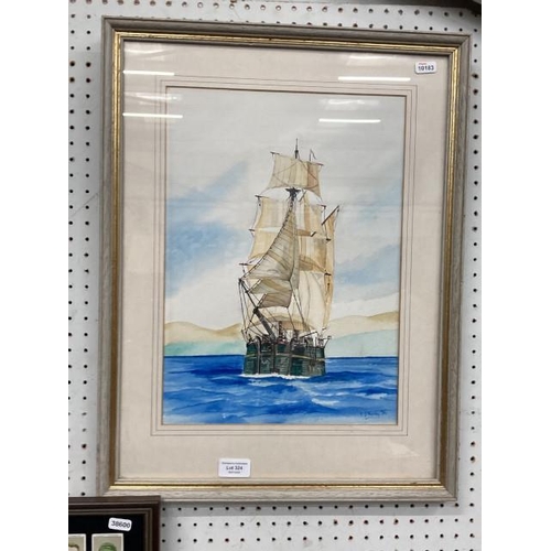 324 - Framed watercolour of a sailing ship by C.J. Hardy 43x56cm