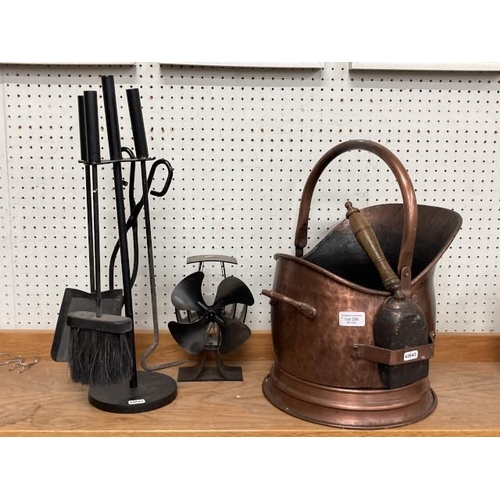 330 - Companion set on stand, heat powered stove fan & copper effect coal bucket & shovel