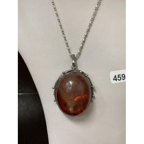 337 - Large Art Nouveau style silver & faux amber pendant on silver chain (Faux amber as seen)