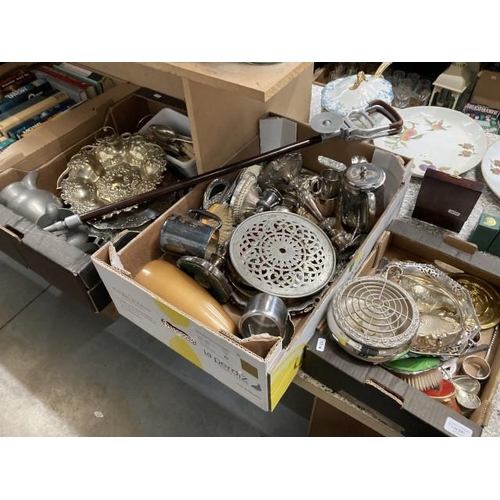 341 - 3 boxes of metal wares inc. shooting stick, cutlery, candlesticks, creamers, part dressing table set... 