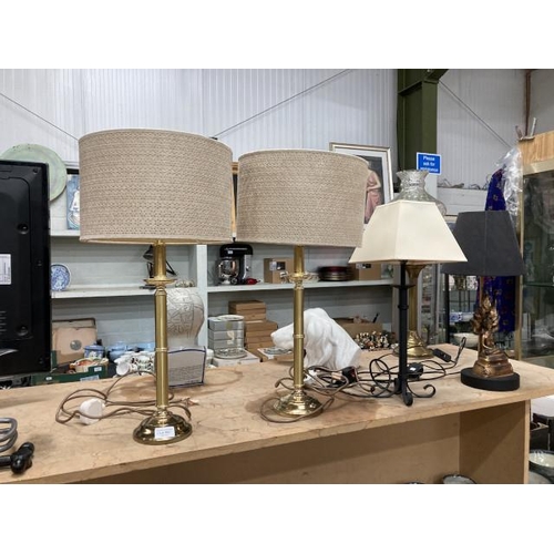 364 - Pair of BHS brass coloured table lamps with shades 59H, Black & gilt Buddha table lamp with shade 50... 