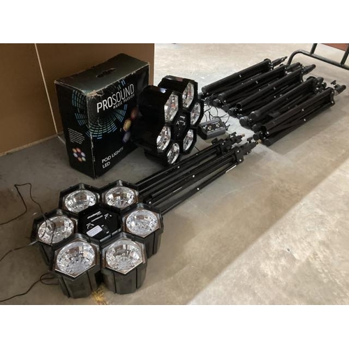 374 - 2 Pro Sound N746HZ LED POD lights (one boxed), Fender 2 button footswitch, 5 speaker stands etc.