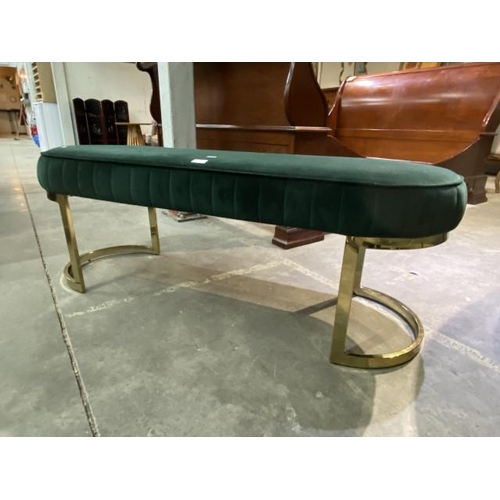 62 - Green velvet upholstered duet stool with brass base 45H 125W 45D