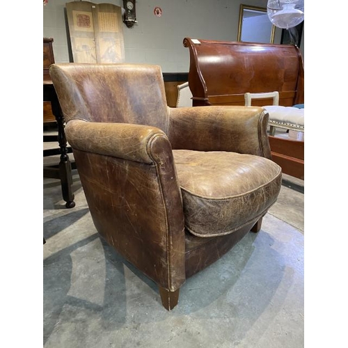 65 - Distressed look brown leather tub chair 73W