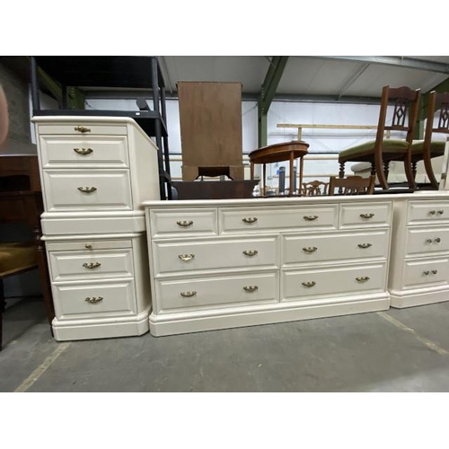 83 - Olympus furniture multi drawer chest 71H 142W 47D and a pair of matching bedside 3 drawer chests 54H... 