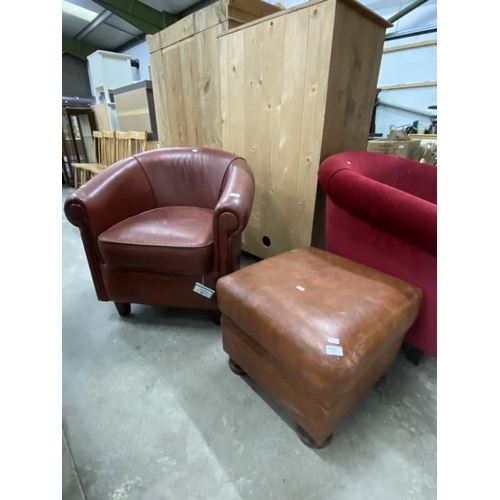 91 - Chestnut leather tub chair 80W and a tan leather footstool 40H 53W 53D