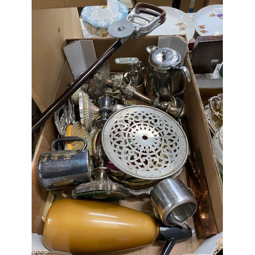 341 - 3 boxes of metal wares inc. shooting stick, cutlery, candlesticks, creamers, part dressing table set... 