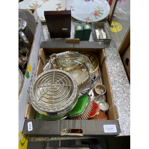 341 - 3 boxes of metal wares inc. shooting stick, cutlery, candlesticks, creamers, part dressing table set... 