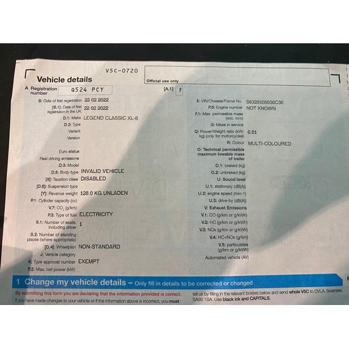 175 - Q524 PCY road legal Legend Classic XL-8 electric mobility scooter - date of first registration 22/02... 