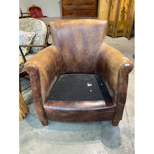 65 - Distressed look brown leather tub chair 73W