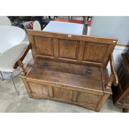 161 - Edwardian oak settle with storage 98H 107W 45D