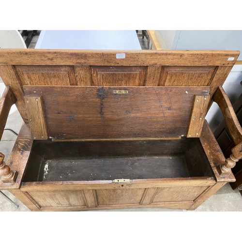 161 - Edwardian oak settle with storage 98H 107W 45D