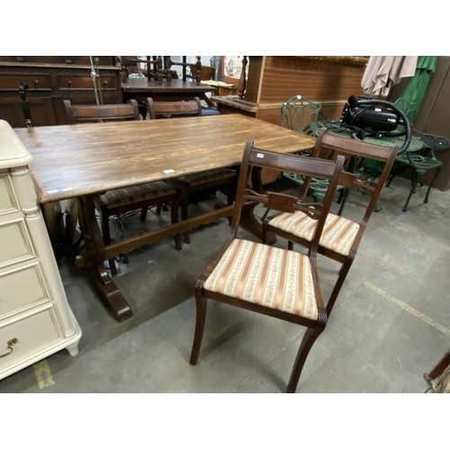 117 - Oak refectory table 74H 153W 82D and 4 mahogany chairs