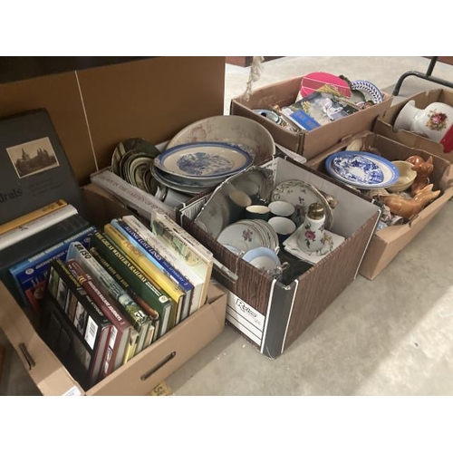 572 - 6 boxes of collectables inc. meat plates, railway books, ornaments, serving tray, oil lamp converted... 