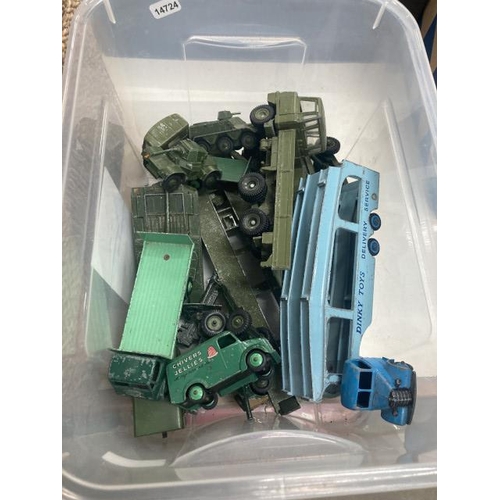 590 - Container of play worn Dinky toys including tanks, Army trucks, armoured cars, car transporter etc