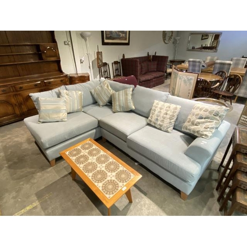 62 - Capsule Collection corner settee, upholstered in duck egg blue linen fabric with scatter cushions 24... 