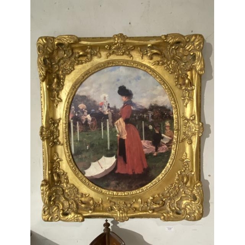 69 - Gilt framed ‘On The Racecourse’ oleograph by Francisco Miralles (Spanish 1848-1901) 83 x 73cm