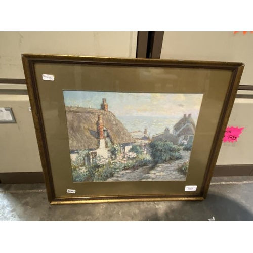 73 - Gilt framed mixed media  of thatched cottages by the sea signed to bottom right C Marks (Charles E M... 