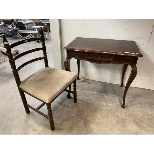 74 - Good quality mahogany ladies writing desk with one drawer 73H 81W 56D and an oak ladder back chair