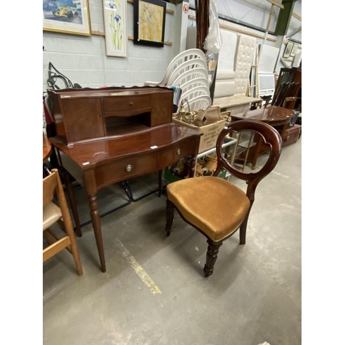 75 - Mahogany ladies writing desk with one key 103H 84W 45D and a Victorian mahogany balloon back chair