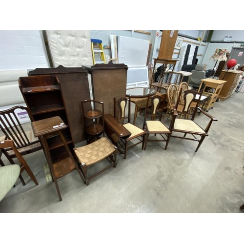 79 - Assorted good quality furniture including 3 mahogany inlaid side chairs, rush seated stool, oak plan... 