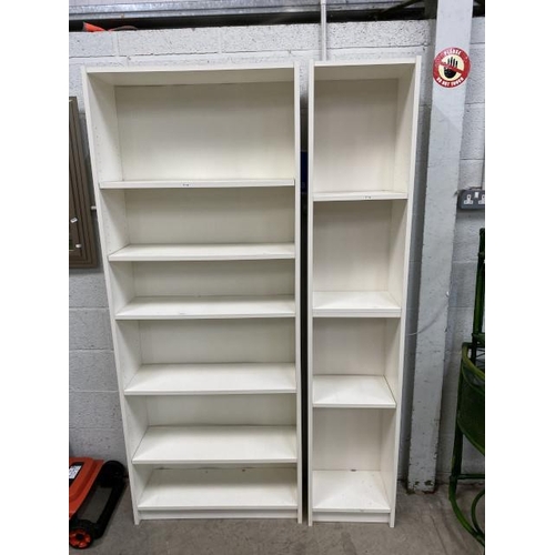 86 - 2 white contemporary bookcases 202H, 40W, 28D and 202H, 81W, 28D