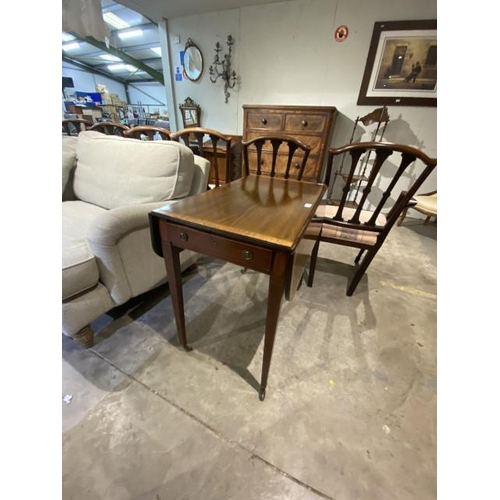 113 - George III mahogany and satinwood single drawer Pembroke table 73H 76W 46-86D