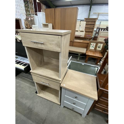 159 - Cotswold grey 3 drawer chest 60H 46W 39D and a pair of ash effect bedside cabinets 63H 52W 36D