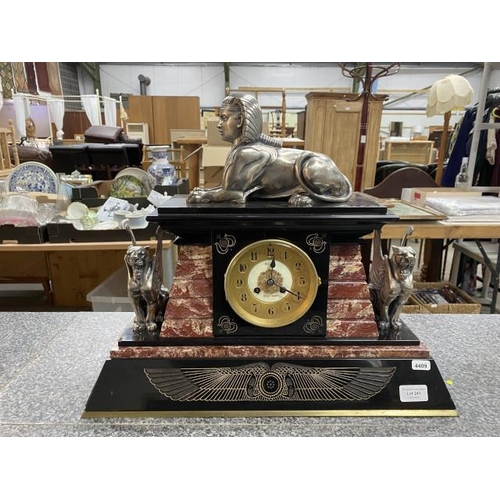 241 - Late 19th century black marble Egyptian revival mantle clock with pendulum & keys (Recently serviced... 