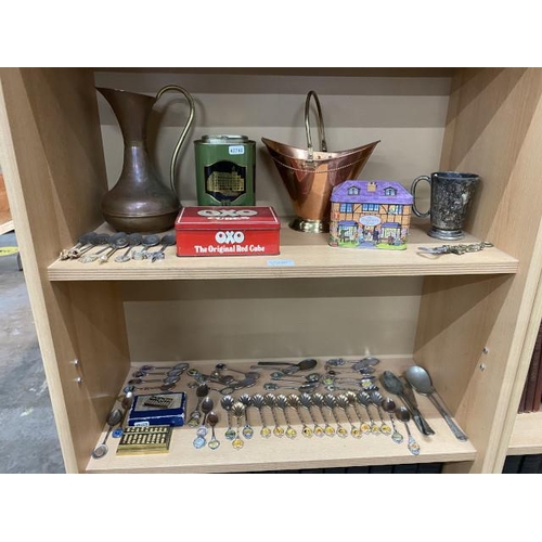 248 - 2 shelves of collectables including OXO Cubes tin, copper planter, collectors spoons etc