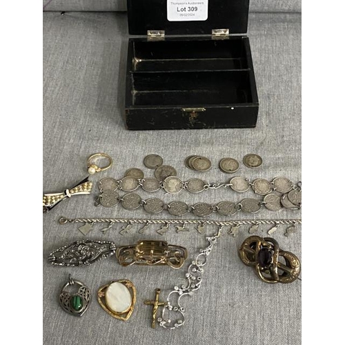 309 - Collection of jewellery inc. vintage brooches, silver, Victorian, two three pence coin bracelets (as... 