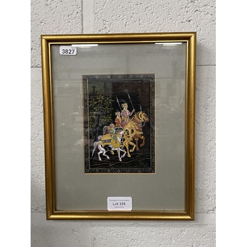 335 - Framed painting on silk of warriors on horseback 23x28cm